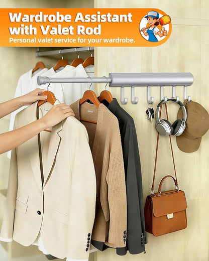 12 inch Valet Rod for Closets Pull Out, Closet Rods Extenders for Hanging Clothes Telescoping Adjustable With 6 Hooks (Silver, 12 Inch-1 Pack)