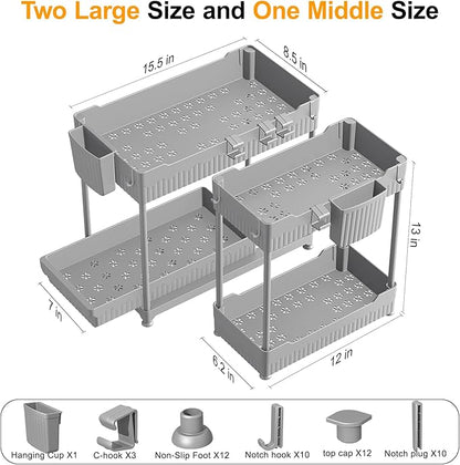 Sevenblue 3 Pack Under Sink Organizers, 2-Tier Multi-Use Kitchen and Bathroom Organizers and Storage with Sliding Drawers, Bathroom Cabinet Organizer (Gray, 12.8 Inch)