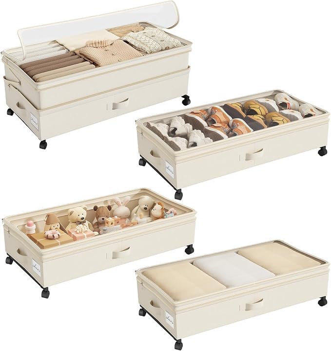 Kitstorack 4 Pack Height-adjustable Under Bed Storage with Wheels, Under Bed Storage Containers,Under Bed Shoe Storage Organizer with Clear Window&Label, Suitable for Clothes Storage, Beige