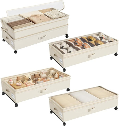 Kitstorack 4 Pack Height-adjustable Under Bed Storage with Wheels, Under Bed Storage Containers,Under Bed Shoe Storage Organizer with Clear Window&Label, Suitable for Clothes Storage, Beige