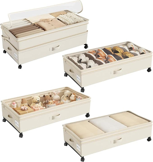 Kitstorack 4 Pack Height-adjustable Under Bed Storage with Wheels, Under Bed Storage Containers,Under Bed Shoe Storage Organizer with Clear Window&Label, Suitable for Clothes Storage, Beige
