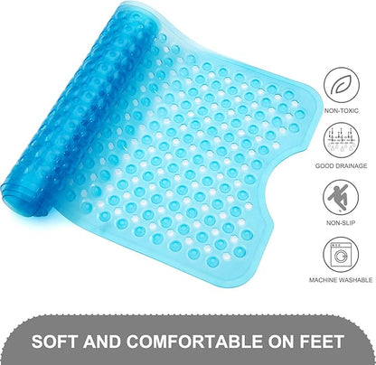 TEESHLY Bath Tub and Shower Mats, Non Slip 40 x 16 Inch Extra Large Bathtub Mat, Machine Washable Bathmat with Drain Holes, Suction Cups for Bathroom Floor, Clear Blue