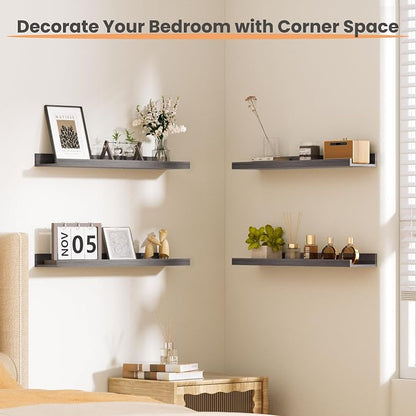 upsimples Floating Shelves for Wall, 23.6 Inch Shelves for Decor Storage Set of 6, Wall Mounted Wood Shelf for Bedroom, Living Room, Bathroom, Kitchen, Long Picture Ledge Shelves, Grey