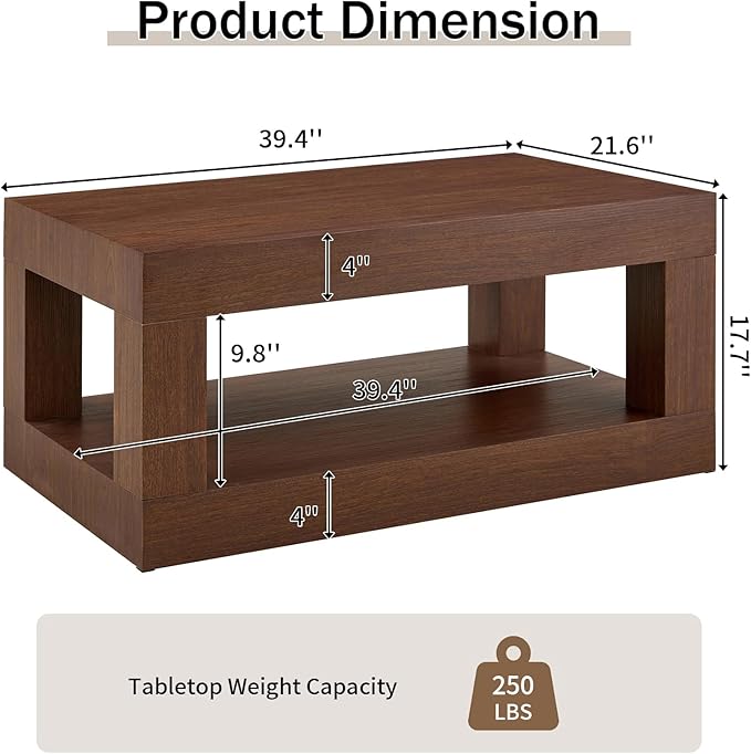 LKTART 39.37" Coffee Table with Storage, 2-Tier Mid Century Rectangular Accent Table with Thick Tabletop, Rustic Style Cocktail, Center Table for Living Room, Office, Apartment (Dark Walnut)
