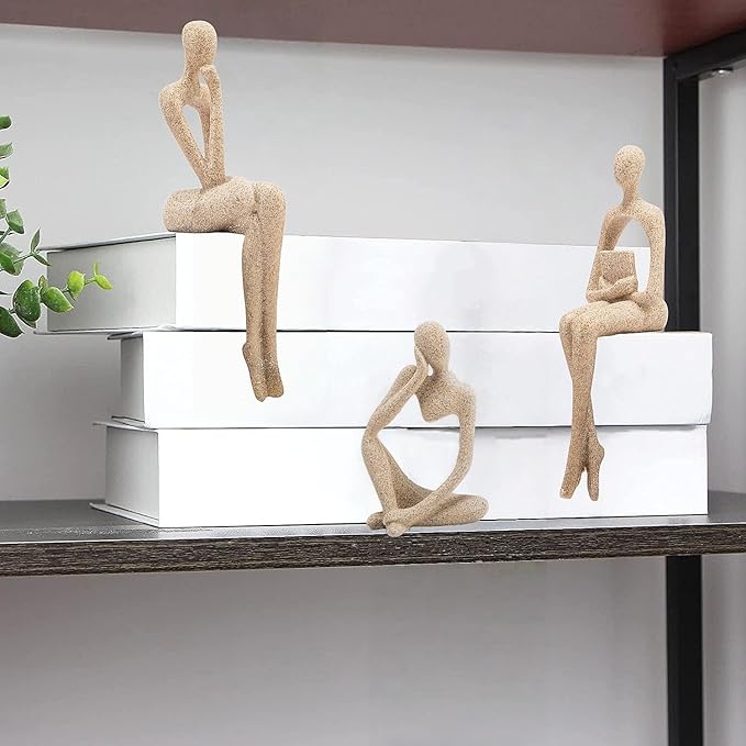 Gold Home Decor Thinker Statue Accents, Set of 3 Thinker Sculptures Office Decor Modern Abstract Resin Decoration on Shelf Table Desk for Living Room Office Bedroom (Small Sandstone)