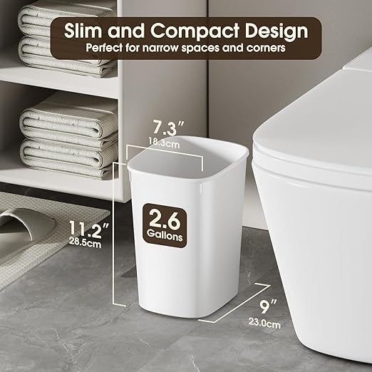 CEROELDA Small Bathroom Trash Can, 2.6 Gallon Slim Mini Garbage Can Small Trash Bin Plastic Waste Basket for Dorm Room, Bedroom, Office, Toilet (White)