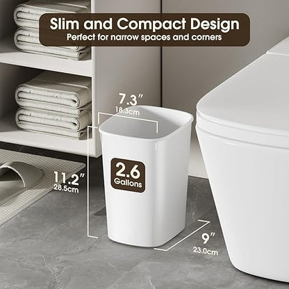 CEROELDA Small Bathroom Trash Can, 2.6 Gallon Slim Mini Garbage Can Small Trash Bin Plastic Waste Basket for Dorm Room, Bedroom, Office, Toilet (White)