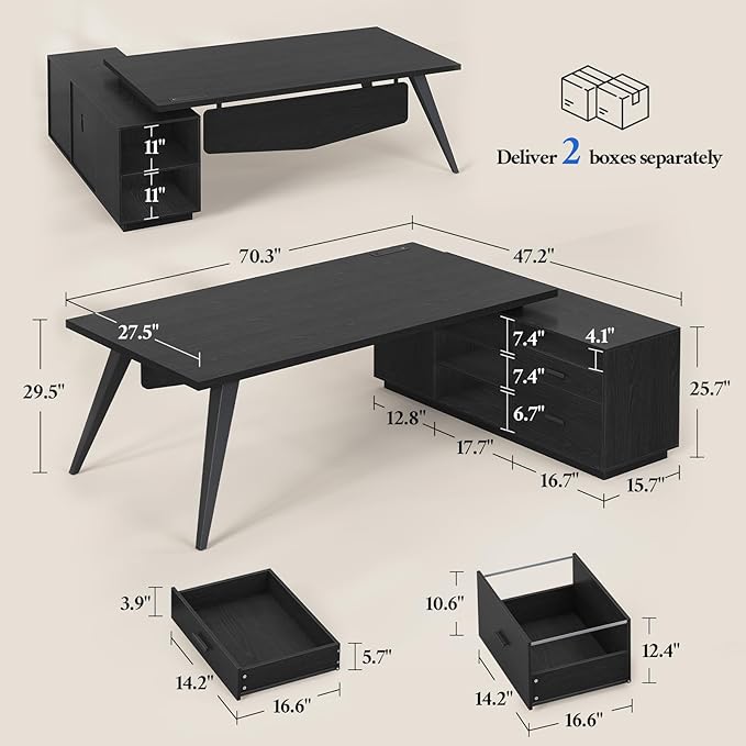 70.3 inch L Shaped Executive Desk with Power Outlets, Large Home Office Desk with Storage Drawers and File Cabinet, Modern Computer Desk with Shelves, Black Business Furniture, Square Tapered Legs