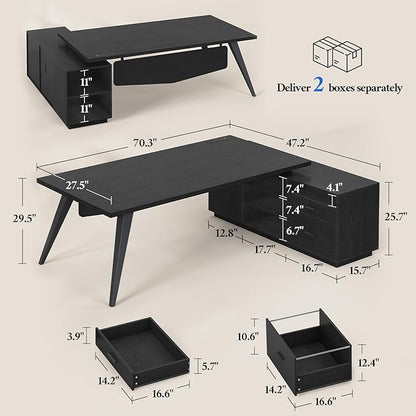 70.3 inch L Shaped Executive Desk with Power Outlets, Large Home Office Desk with Storage Drawers and File Cabinet, Modern Computer Desk with Shelves, Black Business Furniture, Square Tapered Legs