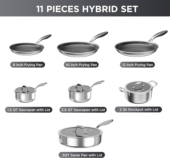 COOKER KING Stainless Steel Cookware Set, 11 Pcs Pots and Pans Set, Hybrid Ceramic Cookware,Non-Stick Frying Pans, Saucepans, Saute Pan & Stock Pot, Non-Toxic, Oven Safe, Induction Compatible