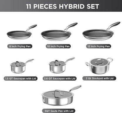 COOKER KING Stainless Steel Cookware Set, 11 Pcs Pots and Pans Set, Hybrid Ceramic Cookware,Non-Stick Frying Pans, Saucepans, Saute Pan & Stock Pot, Non-Toxic, Oven Safe, Induction Compatible