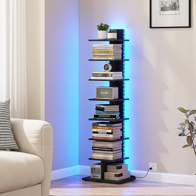 TUTOTAK Narrow Bookshelf, 8-Tier Bookcase with LED Lights, Spine Book Shelf for Small Space, Corner Standing Shelf for Living Room, Office, Study, Entryway, Black BS06BK008L