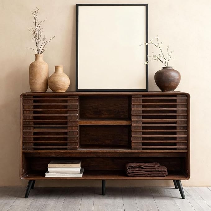 OKD Entryway Table with Sliding Slatted Door, 46" Mid Century Modern Wood Console Table w/Adjustable & Open Storage Shelf, Sofa Table Behind Couch for Hallway, Foyer, Living Room, Dark Walnut