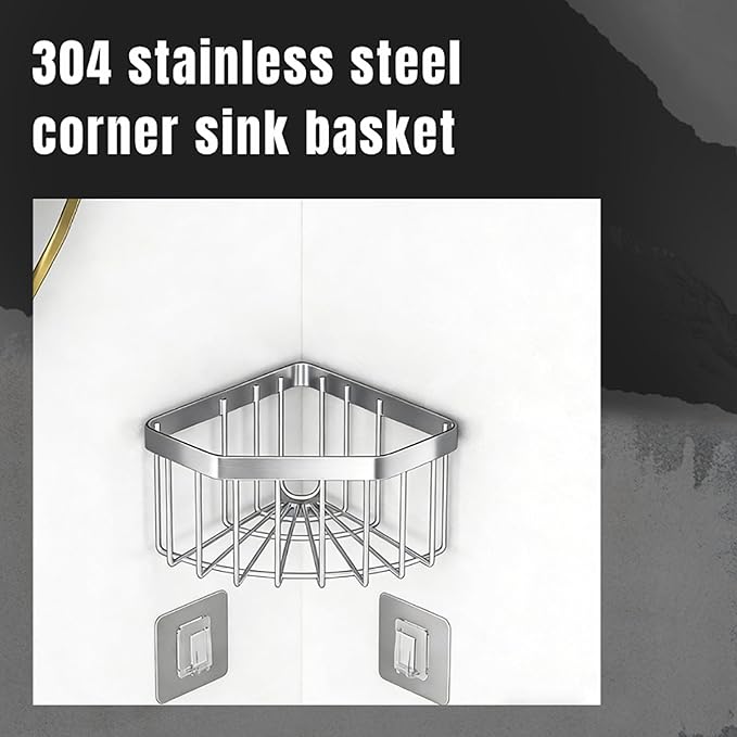 304 Stainless Steel Corner Sink Caddy，Movable Suction Cup Sponge Holder with Strong Suction Cups, Sink Organizer with Soap Dish for Kitchen and Bathroom