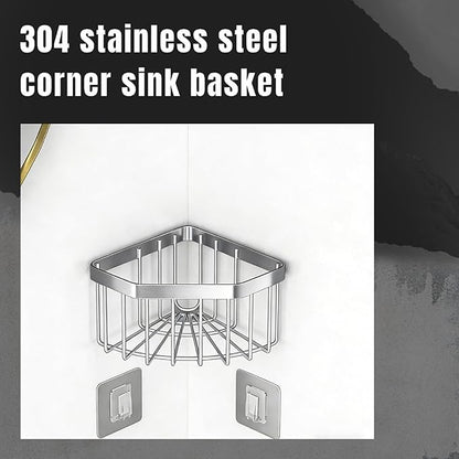304 Stainless Steel Corner Sink Caddy，Movable Suction Cup Sponge Holder with Strong Suction Cups, Sink Organizer with Soap Dish for Kitchen and Bathroom