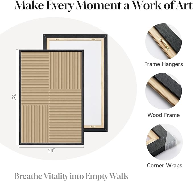 Framed 3D Textured Black and White Abstract Wall Art for Living Room, Large 3 Piece Boho Modern Artworks, Minimalist Brown Geometric Sandstone Prints for Entryway Hallway Office Wall Decor, 24x36 In