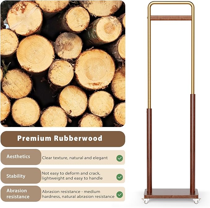 Clothes Rack Solid Wood Coat Rack, Metal and Solid Wood Combination Clothing Rack with Wheels for Entryway, Bedroom, Living Room, Coat Racks Freestanding for Hanging Clothes Garment Scarf