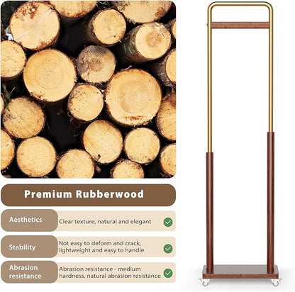 Clothes Rack Solid Wood Coat Rack, Metal and Solid Wood Combination Clothing Rack with Wheels for Entryway, Bedroom, Living Room, Coat Racks Freestanding for Hanging Clothes Garment Scarf