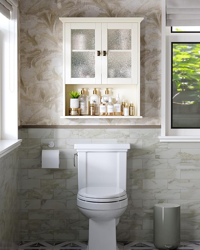 Wall Mount Bathroom Storage Cabinet, Medicine Cabinet with Tempered Glass Door and Buffering Hinge Over Toilet Storage Cabinet Wall Mounted Organizer Above Toilet Storage (Cream White)