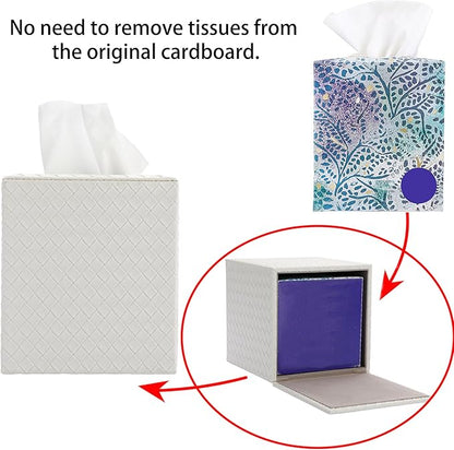Sumnacon Tissue Box Cover Square Tissue Box Stylish PU Woven Lozenge Pattern Tissue Box Holder with Magnetic Bottom,Cube Leather Tissue Cover for Living Room Bathroom Table Desk Home Office Car,White