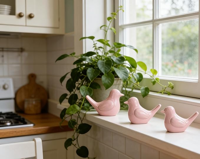 Artconal Small Pink Bird Statue Ceramic 2-Piece Set, 2¾ inch Cute Knick Knack for Home Office Shelf Desk Decor