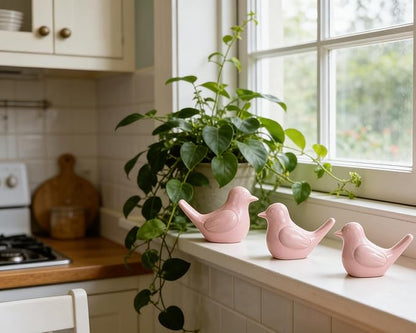 Artconal Small Pink Bird Statue Ceramic 2-Piece Set, 2¾ inch Cute Knick Knack for Home Office Shelf Desk Decor