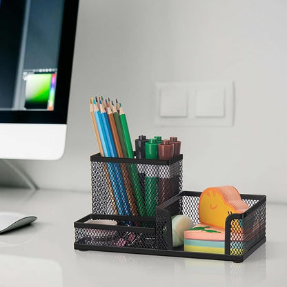 Comix Mesh Pen Pencil Holder Desk Organizer, 3 Compartment Wire Desktop Pen Pencil Cup Caddy Office Supplies Accessories for Home Office School, Black(6 Pack)