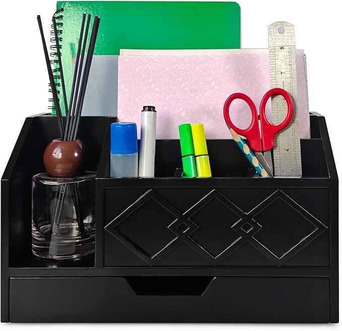 Black Wooden Mail Organizer with Drawer, Three Tiered Desk Accessories for Office Organization and Storage, Stylish Countertop Document Storage, Home/Office/Classroom Supplies (Black01)