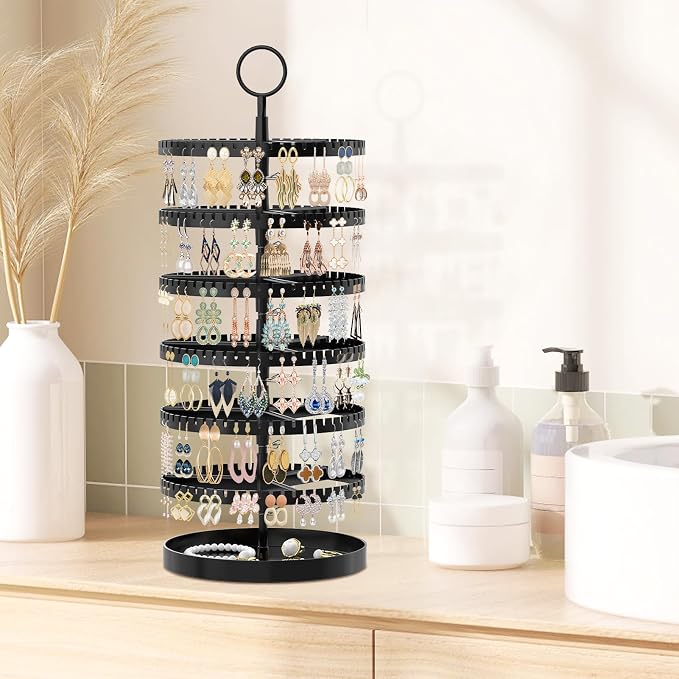 iDavosic.ly 6 Tier Rotating Earring Holder Organizer with Metal Tray, Adjustable Plastic Dangle Display Stands Tree with 342 Grooves, Large Hoop Storage Rack Tower, Black