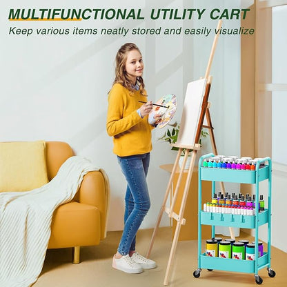 LEHOM 3 Tier Rolling Storage Cart, Metal Trolley Utility Cart with Wheels & Hooks, Easy Assembly Organizer Storage Cart for Bathroom Kitchen Office Bedroom