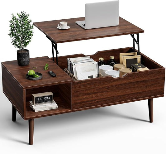 Sweetcrispy Coffee Table Lift Top Coffee Tables for Living Room,Small Rising Wooden Center Tables with Storage Shelf and Hidden Compartment, Dark Brown