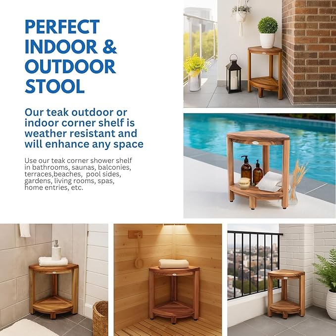 EcoDecors Fully Assembled SnazzyCorner® 18" Teak Shower Bench, Corner Shower Stool, w Shelf in Earthy Teak Finish, Compact Fit for Small Bathrooms & Walk-in Showers – Slip-Resistant Feet, Sauna Bench