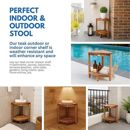 EcoDecors Fully Assembled SnazzyCorner® 18" Teak Shower Bench, Corner Shower Stool, w Shelf in Earthy Teak Finish, Compact Fit for Small Bathrooms & Walk-in Showers – Slip-Resistant Feet, Sauna Bench