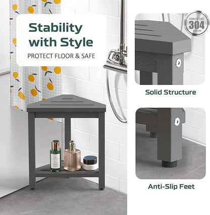 Shower Foot Rest 14in, HIPS Waterproof Shower Stool for Inside Shower, Corner Shower Stool for Shaving Legs with Storage Shelf, Shower Step Stool for Small Space, Plastic Corner Shower Bench, Grey