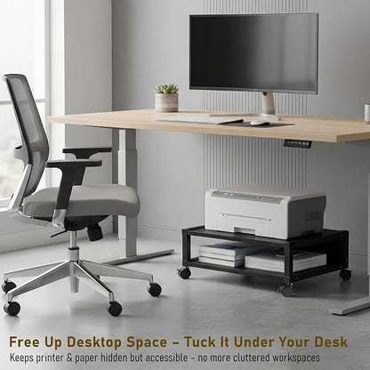 Zonon 2 Tier Printer Stand Under Desk with Lockable Wheels 19.7x15.7x7.9 Inch Rolling Printer Table Cart Under Desk Short Movable Storage Shelf for Home Office Organization(Open Shelf Style,Black)