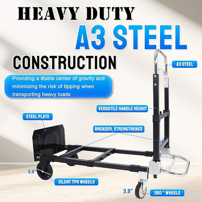 KAFLLA 3-in-1 Folding Hand Truck, 660 lbs Heavy Duty Convertible Hand Truck Dolly with Retractable Handle & 4 Rubber Wheels, Collapsible Moving Cart for Home, Office & Warehouse