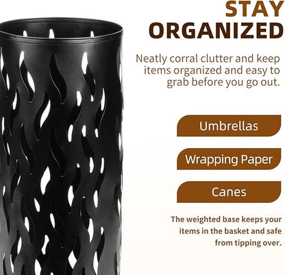 Umbrella Holder, Metal Umbrella Stand for Entryway, Umbrella Storage Rack with 4 Hooks Decor, Home, Office,5.8 × 5.8 × 16.4 (Black)