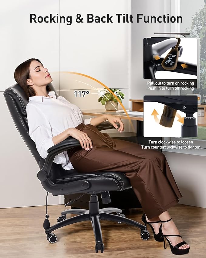 500LBS Big and Tall Office Chair, Heavy Duty Office Desk Chair with Padded Flip-Up Arms, Adjustable Lumbar Support & Tilt Lock, High Back Ergonomic Executive Computer Chair for Work & Study, Black