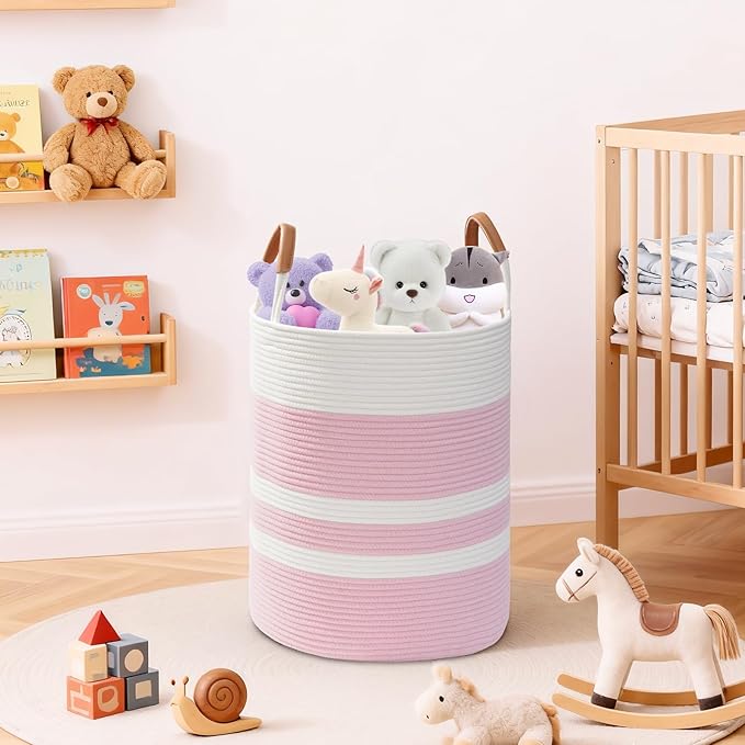 Degeyoyo 60L Striped Laundry Basket, Pink Laundry Hamper with Leather Handles, Woven Cotton Rope Storage Bin for Blankets, Nursery Hamper for Clothes, Toys In Bathroom, Livingroom, Bedroom