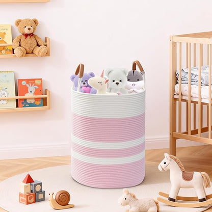 Degeyoyo 60L Striped Laundry Basket, Pink Laundry Hamper with Leather Handles, Woven Cotton Rope Storage Bin for Blankets, Nursery Hamper for Clothes, Toys In Bathroom, Livingroom, Bedroom