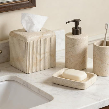 Natural Travertine Texture Striped Square Tissue Box Cover Decorative,Resin Heavy Sturdy Tissue Box Holder, Facial Paper Holder for Bathroom Vanity Countertop, Bedroom Night Stand,Office and End Table