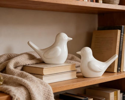 Artconal Small White Bird Statue Ceramic 2-Piece Set, 4½ inch Cute Knick Knack for Home Office Shelf Desk Decor