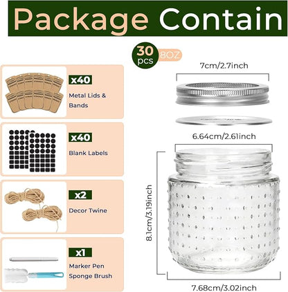 CycleMore 8oz Mason Jars, 30 Pack Dual Dot Jar With Silver Separable Lids & Colorful Plastic Lids, Tiny Glass Jars for Honey, Jam, Jelly, Wedding Favors, Kitchen Food Storage,