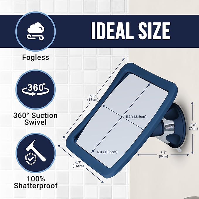 MIRRORVANA Fogless Shower Mirror for Shaving with Upgraded Suction, Anti Fog Shatterproof Surface and 360° Swivel, 6.3" x 6.3" (Blue)