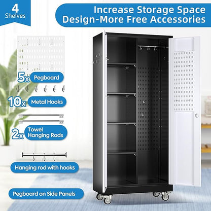 SUXXAN Broom Closet Storage Cabinet, Metal Cabinets with 13 Hooks and Hanging Rods, 71" Metal Storage Cabinet, Heavy Duty Cleaning Cabinet for Garage, Laundry Room