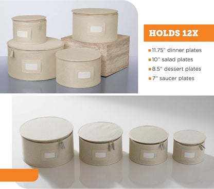 storageLAB China Storage Containers, Hard Shell Case with Felt Dividers for Charger Plates, and Dishes, Ideal for Kitchen Organization, Moving Supplies, and Fine China Storage - 4-Piece Set, Cream