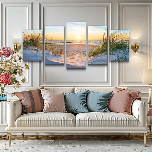 Canvas Wall Art For Living Room Large Size Wall Decor For Bedrooms Beach Grass Blue Ocean Landscape Painting Office Wall Decorations Seascape Print Canvas Pictures Artwork Home Decor Works 5 Piece