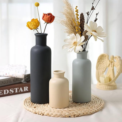 Ceramic Vase Set of 3, Neutral Rustic Vases for Farmhouse Decor, Pampas Grass & Dried Flowers and Table Living Room Home Decor