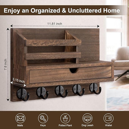 Key Holder Wall Mount, Mail Holder with Storage Drawer and 5 Key Hooks for Coat, Dog Leash, Home Decor Rack, House Accessories, Entry Way Organizer