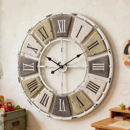 Distressed Metal Wall Clock 16 Inch, Industrial Vintage Roman Numerals, Weathered Iron Frame Farmhouse Office Cafe Decor